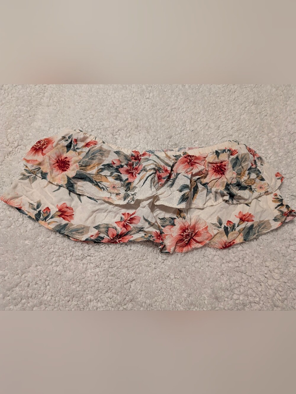 American Eagle Outfitters Floral Ruffle Bandeau Crop - White with Coral & Green
